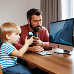 ** A family in a modern living room. The father is using a smartphone on speakerphone, away from his head. The mother is sitting at a desk, maintaining a comfortable distance from her computer screen. A child is playing with a wooden toy, away from any electronic devices. The scene emphasizes safe distances from electronics.

**