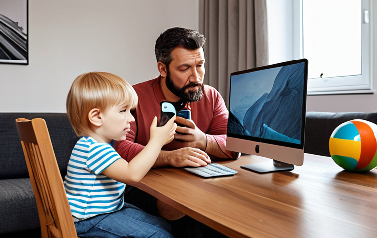 ** A family in a modern living room. The father is using a smartphone on speakerphone, away from his head. The mother is sitting at a desk, maintaining a comfortable distance from her computer screen. A child is playing with a wooden toy, away from any electronic devices. The scene emphasizes safe distances from electronics.
**