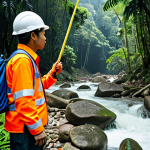 ** A professional geologist, fully clothed in appropriate field attire including a safety vest and helmet, examines rock formations in a Malaysian rainforest. The scene includes lush greenery, diverse plant life, and a flowing stream. Emphasis on proper finger count, perfect anatomy, and natural pose. Safe for work, modest, appropriate content, professional.

**