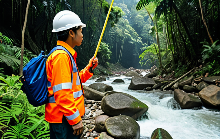 ** A professional geologist, fully clothed in appropriate field attire including a safety vest and helmet, examines rock formations in a Malaysian rainforest. The scene includes lush greenery, diverse plant life, and a flowing stream. Emphasis on proper finger count, perfect anatomy, and natural pose. Safe for work, modest, appropriate content, professional.

**